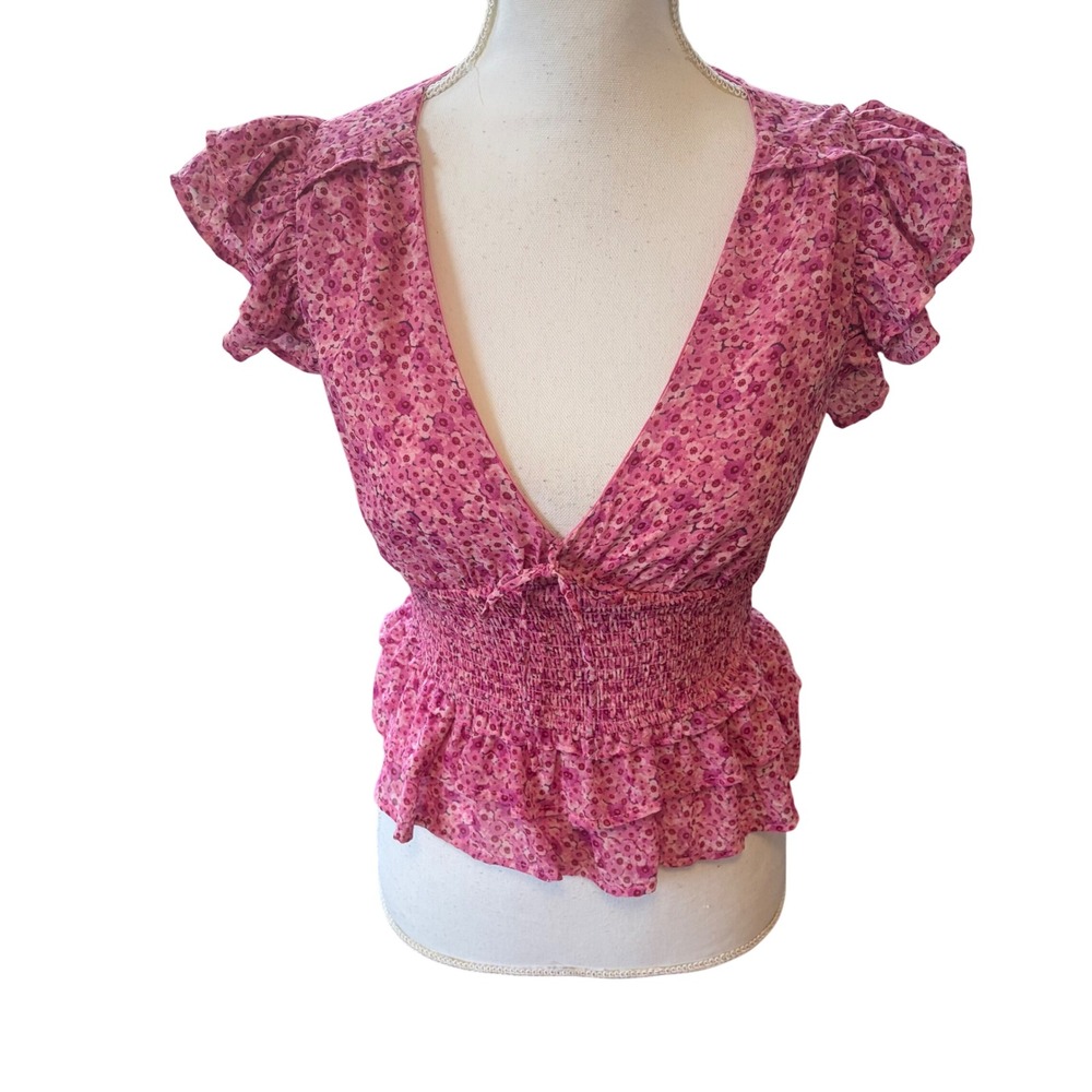 Lush Pink Floral Smocked Peplum Top Sz Small Ruffle Sleeve Cottagecore Soft Girl - Picture 1 of 8